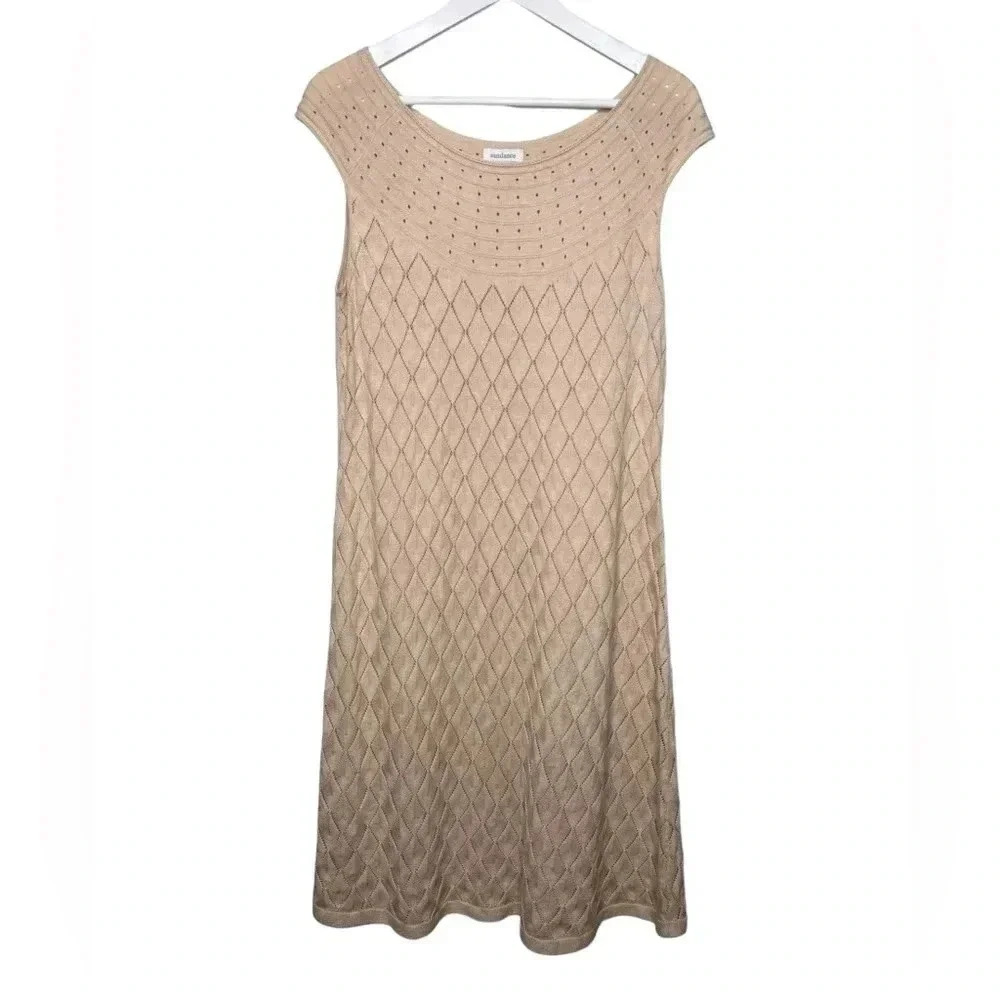 Sundance Neutral Beige Pointelle Knit Knee Length Dress Size Large